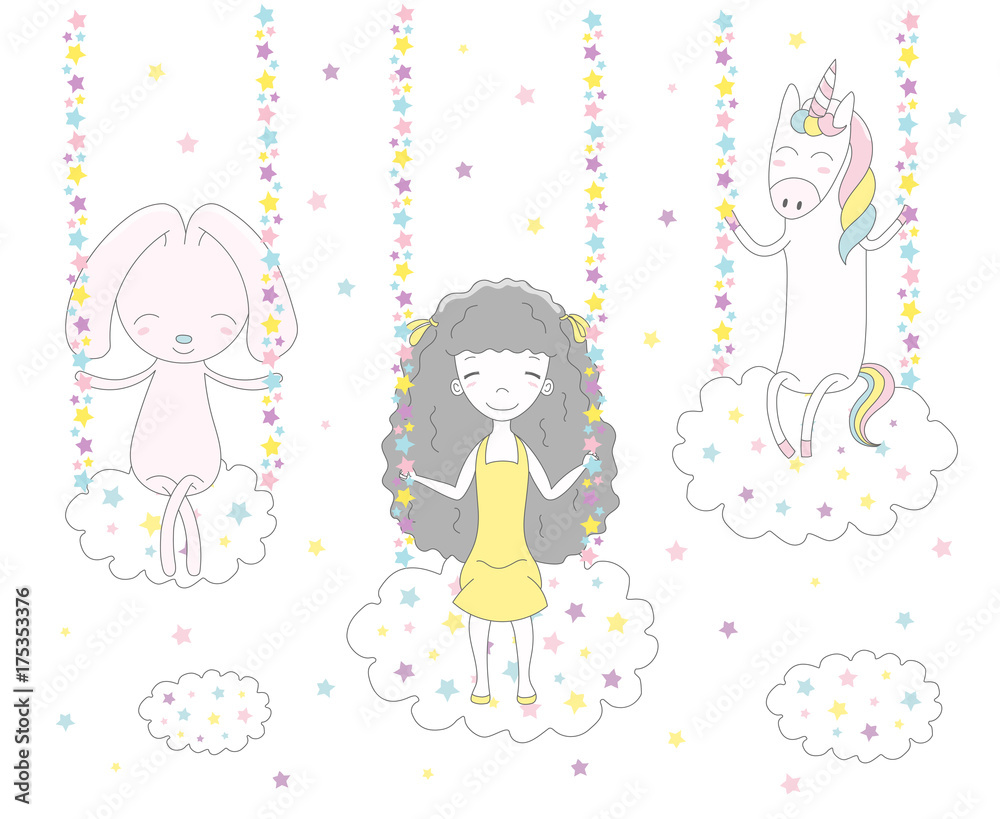 Hand drawn vector illustration of a cute funny girl with long hair, rabbit and unicorn swinging on clouds, among the stars. Hand drawn vector illustration of a cute funny girl with long hair, rabbit and unicorn swinging on clouds, among the stars.