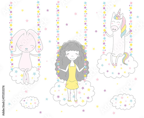 Hand drawn vector illustration of a cute funny girl with long hair, rabbit and unicorn swinging on clouds, among the stars.