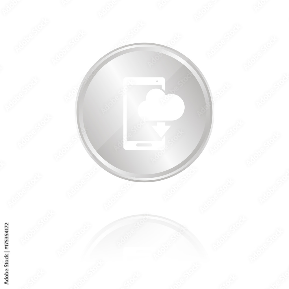 Cloud-Herunterladen-Symbol mit Smartphone - Silber Münze mit Reflektion Cloud-Herunterladen-Symbol mit Smartphone - Silber Münze mit Reflektion