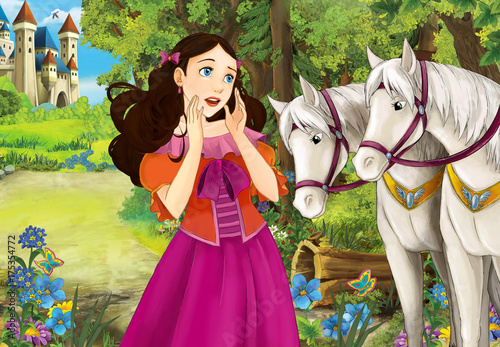 Cartoon scene with some beautiful girl in forest - wooden hut - white horses in the back - illustration for children