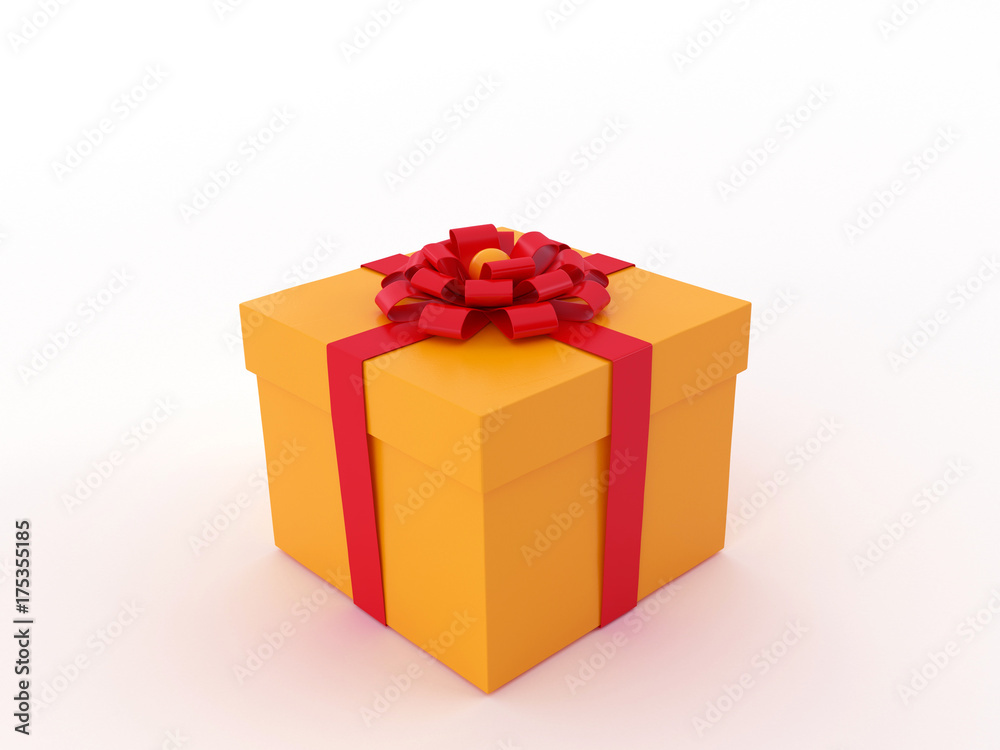 3d illustration of a orange gift box with a red ribbon isolated on a white background. 3d illustration of a orange gift box with a red ribbon isolated on a white background.