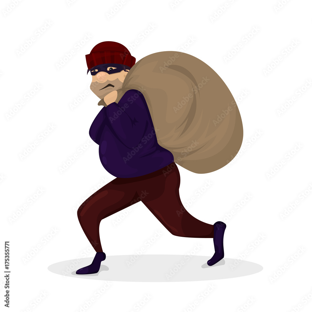 Thief in black mask. Robber walkingaway with large bag. Cartoon character  Stock Vector | Adobe Stock