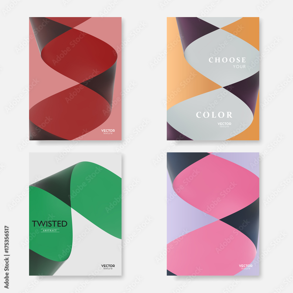 Modern covers with colorful twisted paper shapes. Trendy abstract minimal material design, vector template.