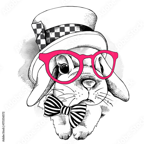 Small rabbit in a pink glasses with top hat. Vector illustration.