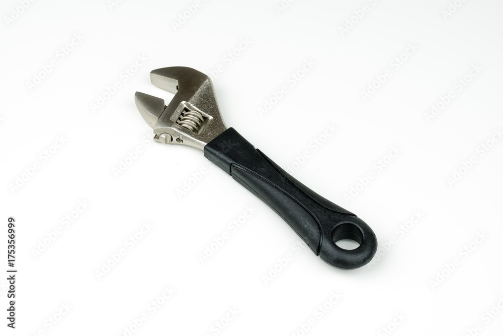 isolated stainless steel metal wrench , repair equipment on white background