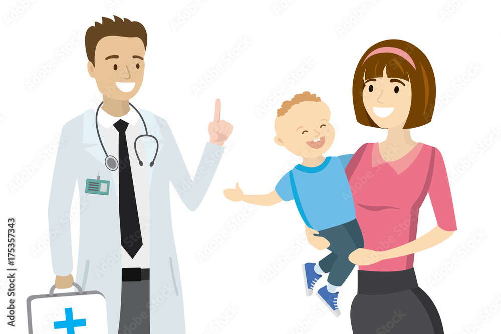 Cartoon doctor and mother with child, Cartoon doctor and mother with child,