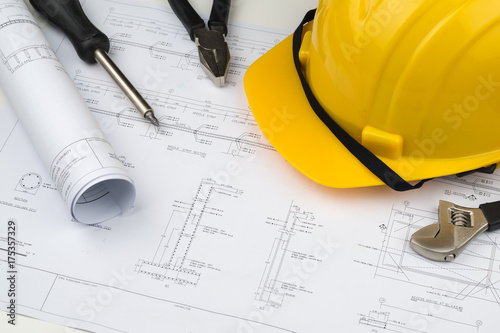 engineer construction business work concept : engineering blueprint diagrams paper drafting and industrial equipment