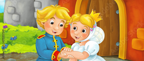 Cartoon happy married couple with castle gate in the background - illustration for children