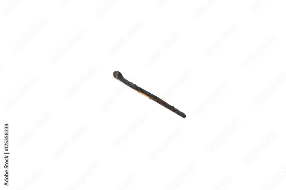 close-up of burned wooden match stick on white background close-up of burned wooden match stick on white background