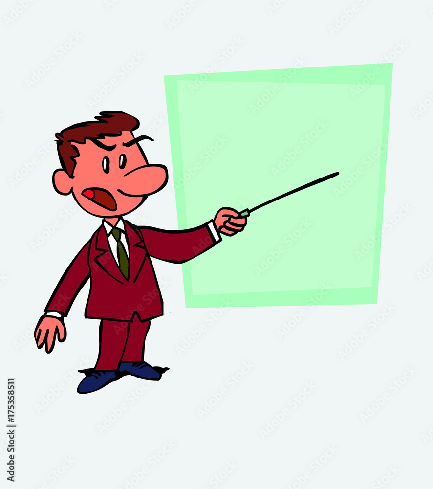 White businessman points out, angry, with a pointer. Is showing, as in a presentation, the data you want. White businessman points out, angry, with a pointer. Is showing, as in a presentation, the data you want.