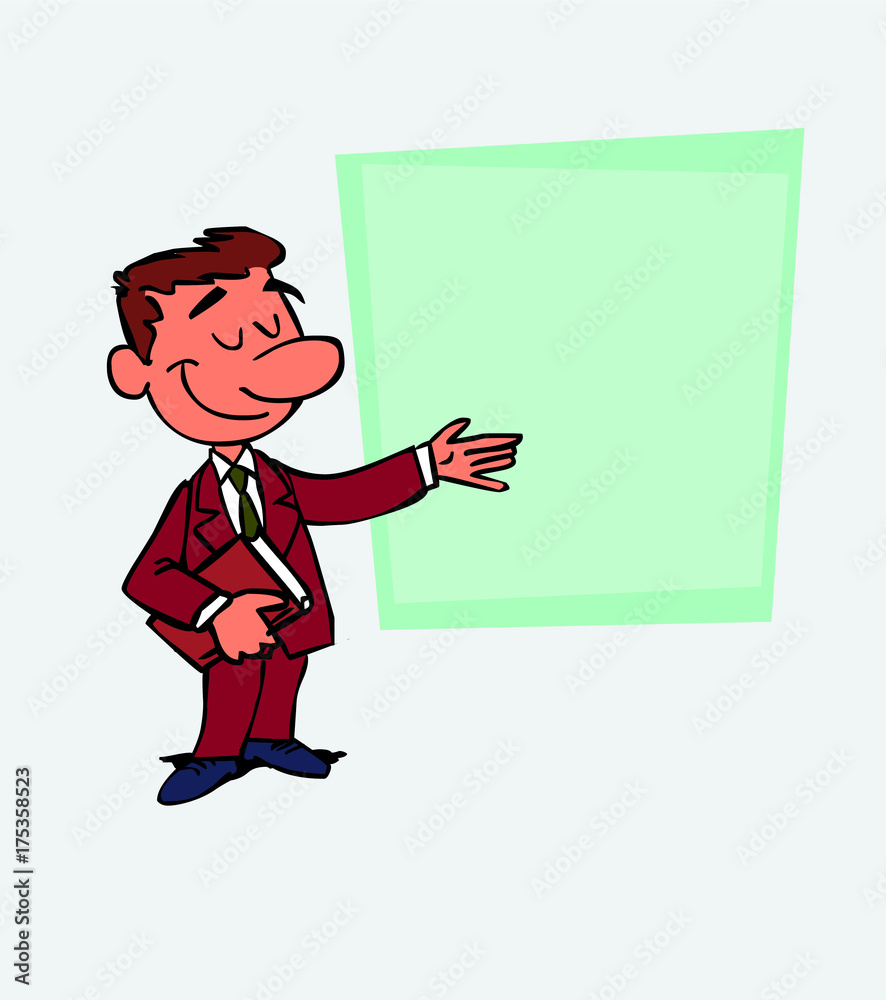 White businessman points, relaxed, with a book in his hand. Is showing, as in a presentation, the data you want.