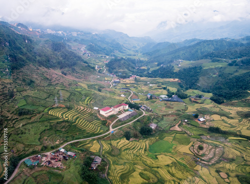 Above view of Sapa city with Tavan village rice field terraced