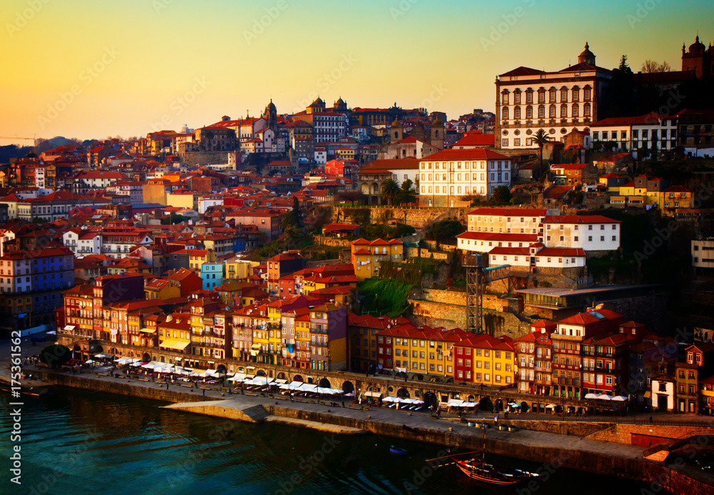 hill with old town of Porto at sunset, Portugal, retro toned