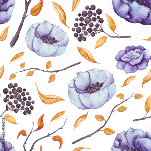 Fototapeta Naklejka Na Ścianę i Meble -  Seamless Pattern of Watercolor Violet Flowers and Yellow Leaves