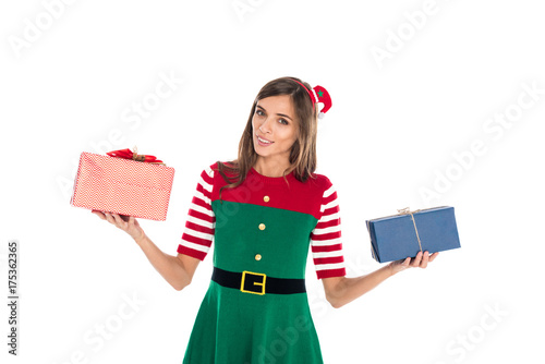 woman in elf costume with presents