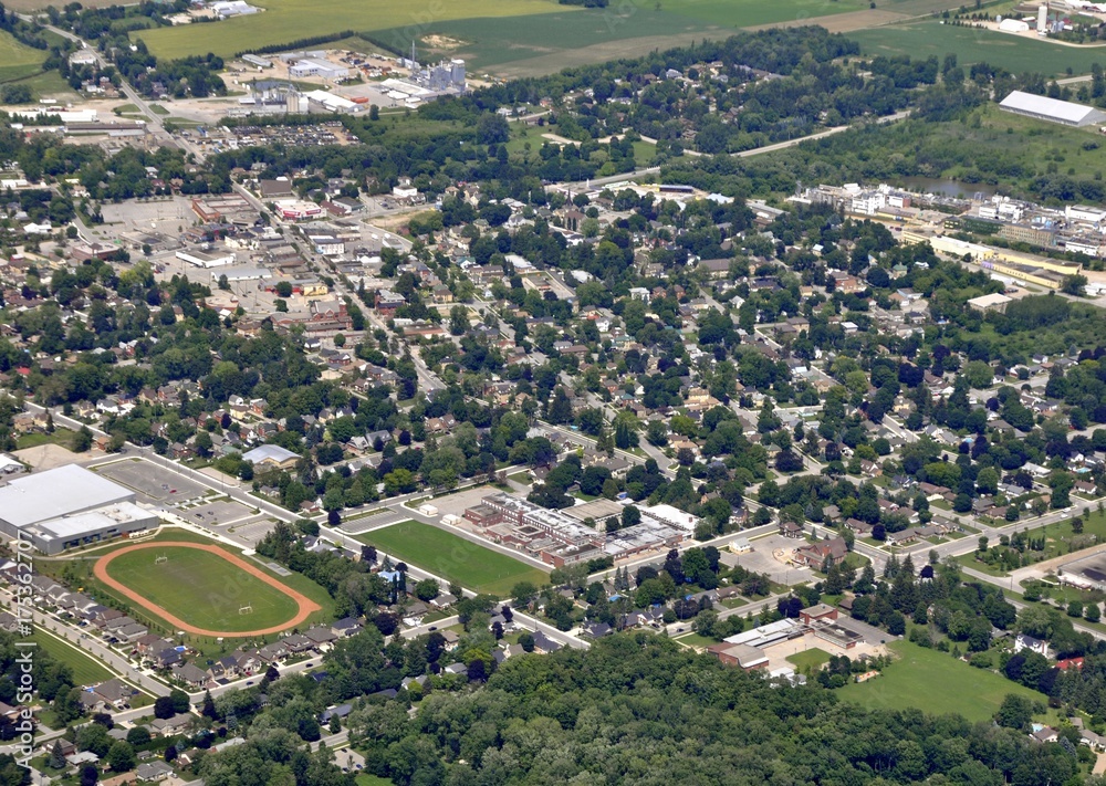 aerial view of small town of Elmira, Ontario Canada