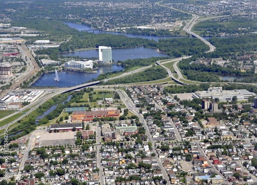 Fototapeta Naklejka Na Ścianę i Meble -  aerial view of Gatineau Quebec, Canada; view of lake Leamy and the Casino