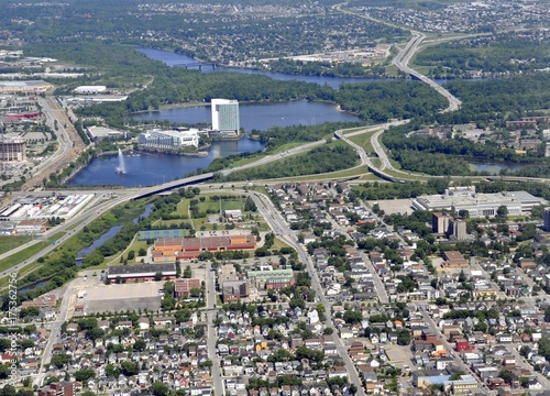 aerial view of Gatineau Quebec, Canada; view of lake Leamy and the Casino