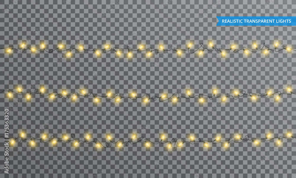 Christmas lights. Realistic string lights design elements with transparency. Glowing lights for winter holidays. Shiny garlands for Xmas and New Year Christmas lights. Realistic string lights design elements with transparency. Glowing lights for winter holidays. Shiny garlands for Xmas and New Year