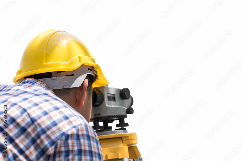 Engineer and worker looking at  level-measuring instrument isolated on white background . - obrazy, fototapety, plakaty 