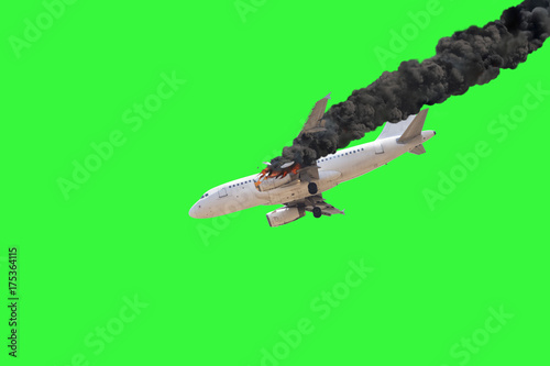 Airplane crash isolated on green screen.