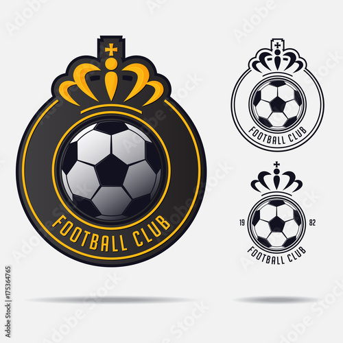 Soccer emblem or Football Badge Logo Design for football team. Minimal design of golden crown and classic soccer ball. Football club logo in black and white icon. Vector Illustration.