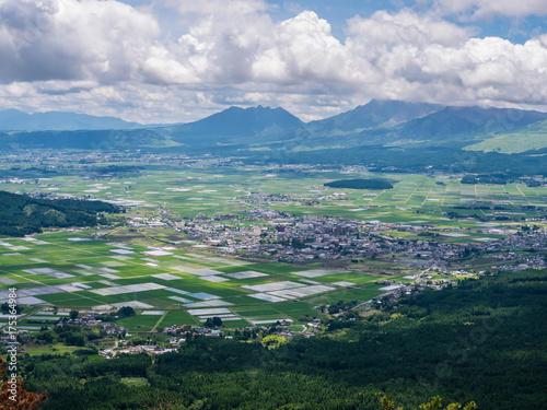 View of extinct volcanoes with village near foothills, Japan.