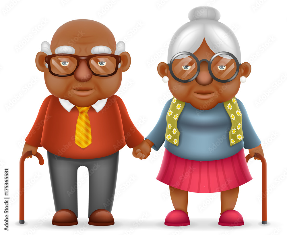 Afro American Cute Smile Happy Elderly Couple Old Man Love Woman  Grandfather Grandmother 3d Realistic Cartoon Family Character Design  Isolated Vector Illustration Stock Vector | Adobe Stock