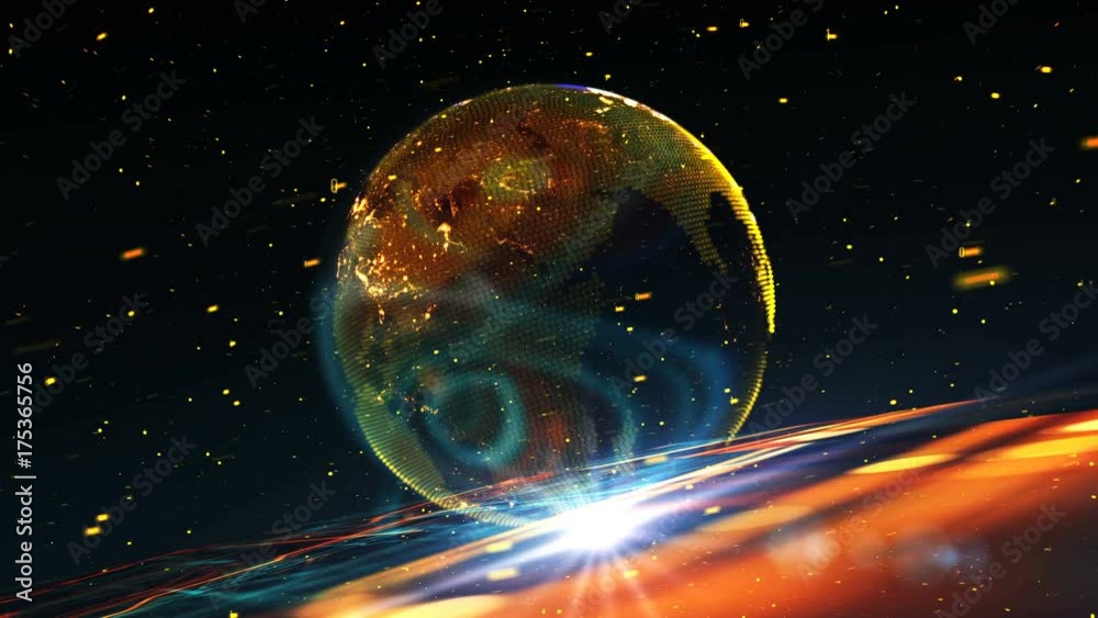 Earth planet holographic/The Earth planet holographic virtual model on an abstract technological background. Background made of different elements of pcb, particles and optical flares.