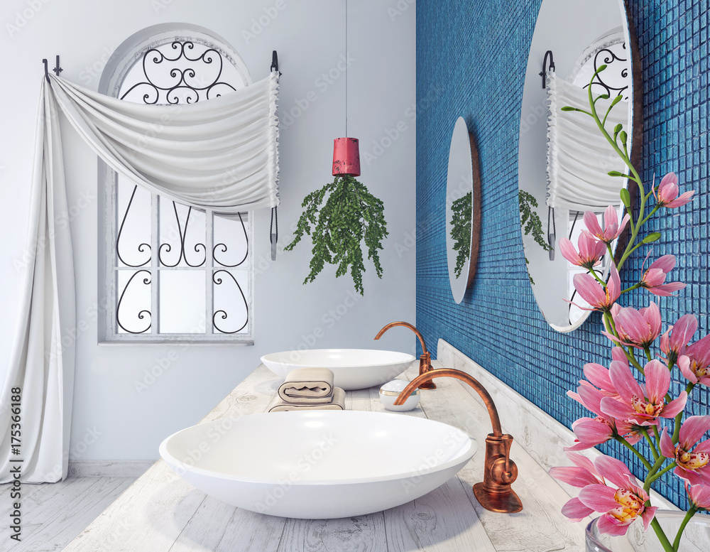 Classic bathroom design with blue mosaic tiles and  pink orhidea flowers 3D Rendering - obrazy, fototapety, plakaty 