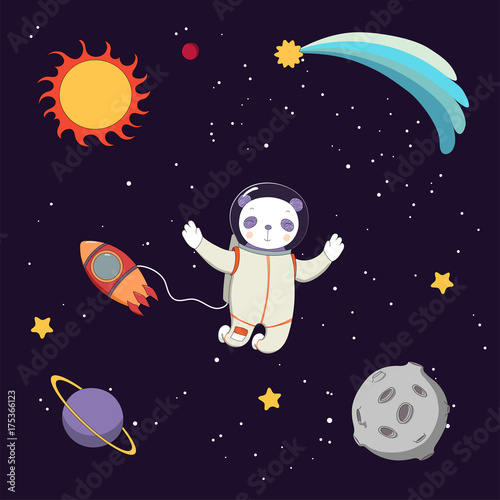 Hand drawn colorful vector illustration of a cute funny panda astronaut on a spacewalk in outer space, on a dark background with stars and planets.