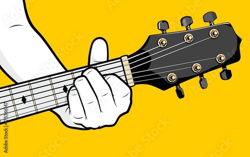 Man hand playing guitar E chord