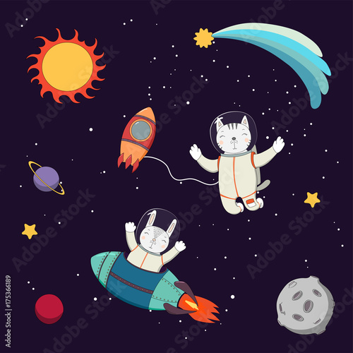 Hand drawn colorful vector illustration of a cute funny bunny astronaut in a rocket and cat astronaut on a spacewalk, on a dark background with stars and planets.