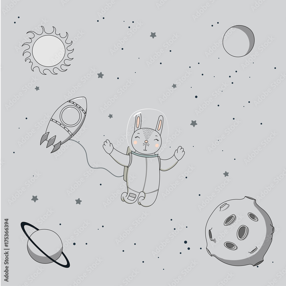 Hand drawn monochrome vector illustration of a cute funny rabbit astronaut on a spacewalk in outer space, on a background with stars and planets.