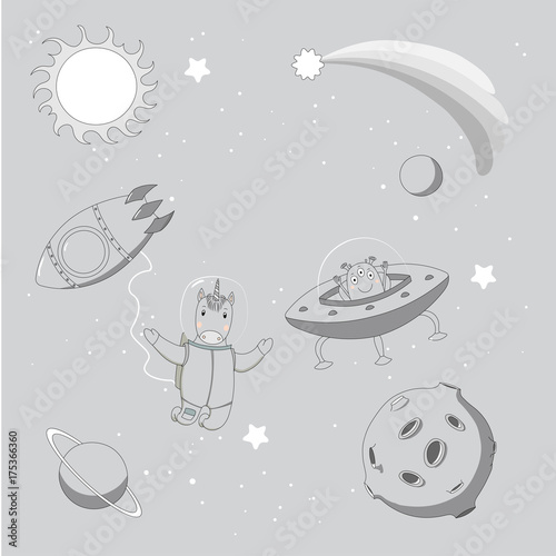 Hand drawn monochrome vector illustration of a cute funny alien in a flying saucer and unicorn astronaut on a spacewalk, on a background with stars and planets.