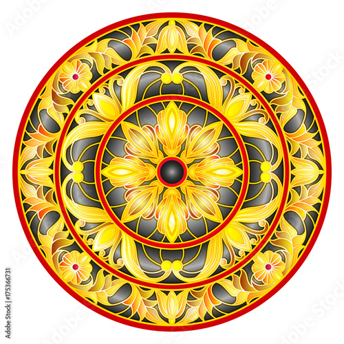 Illustration in stained glass style, round mirror image with floral ornaments and swirls