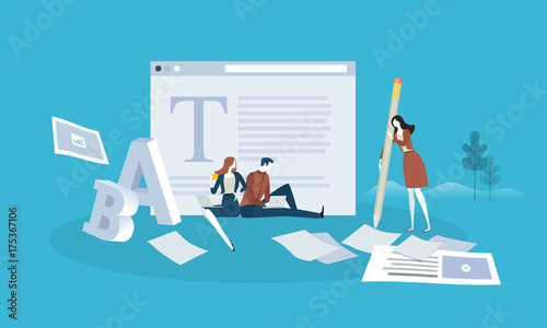 Blogging. Flat design people and technology concept. Vector illustration for web banner, business presentation, advertising material.