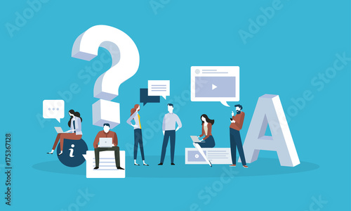 FAQ. Flat design business people concept for answers and questions. Vector illustration for web banner, business presentation, advertising material.