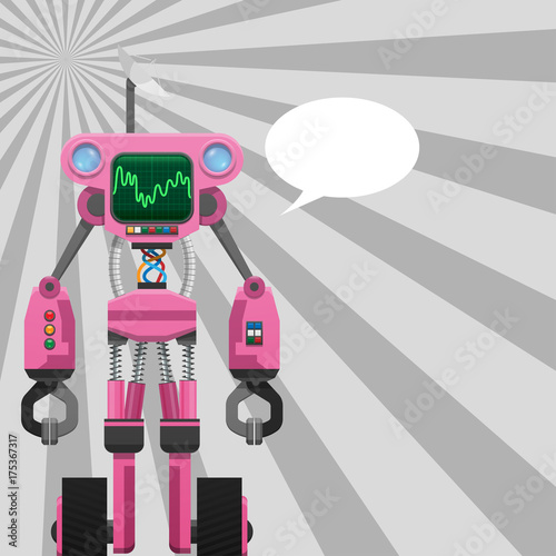 Pink Robot with Pincers on Arms and Wheels on Legs