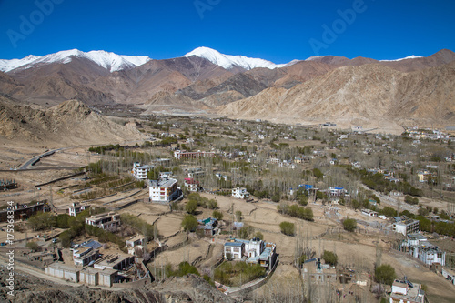 View of Leh city, the capital of Ladakh, Northern India. Leh city is located in the Indian Himalayas at an altitude of 3500 meters.