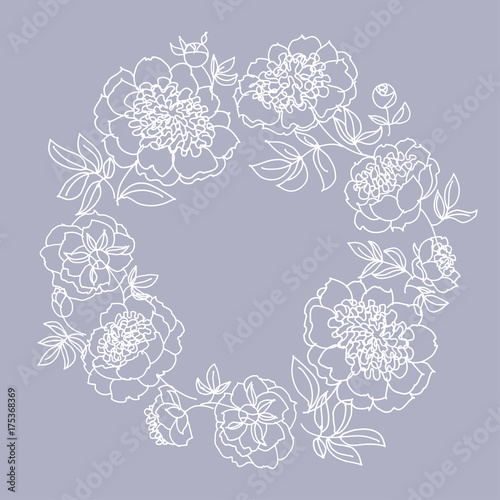 peony flower wreath vector illustration. line sketch hand drawn floral pattern for card, wedding invitation, surface design