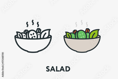 Hot Fresh Vegetable Salad Bowl Plate Vegan Cucumber Minimal Flat Line Outline Colorful and Stroke Icon Pictogram