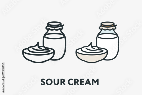 Sour Cream Yogurt Glass Jar and Bowl Dairy Product Minimal Flat Line Outline Colorful and Stroke Icon Pictogram