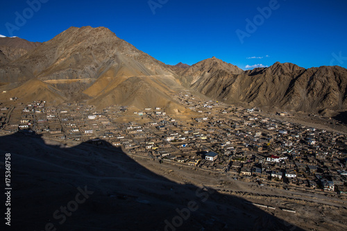 View of Leh city, the capital of Ladakh, Northern India. Leh city is located in the Indian Himalayas at an altitude of 3500 meters.