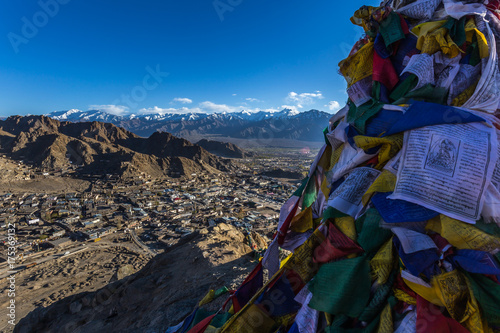 View of Leh city, the capital of Ladakh, Northern India. Leh city is located in the Indian Himalayas at an altitude of 3500 meters.