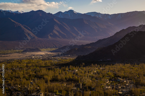 View of Leh city, the capital of Ladakh, Northern India. Leh city is located in the Indian Himalayas at an altitude of 3500 meters.