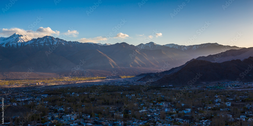 View of Leh city, the capital of Ladakh, Northern India. Leh city is located in the Indian Himalayas at an altitude of 3500 meters.