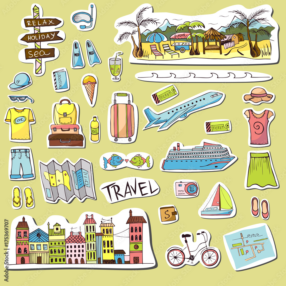 Vecteur Stock tourist kit, travel stickers, items for traveling, travel  illustration in doodle style