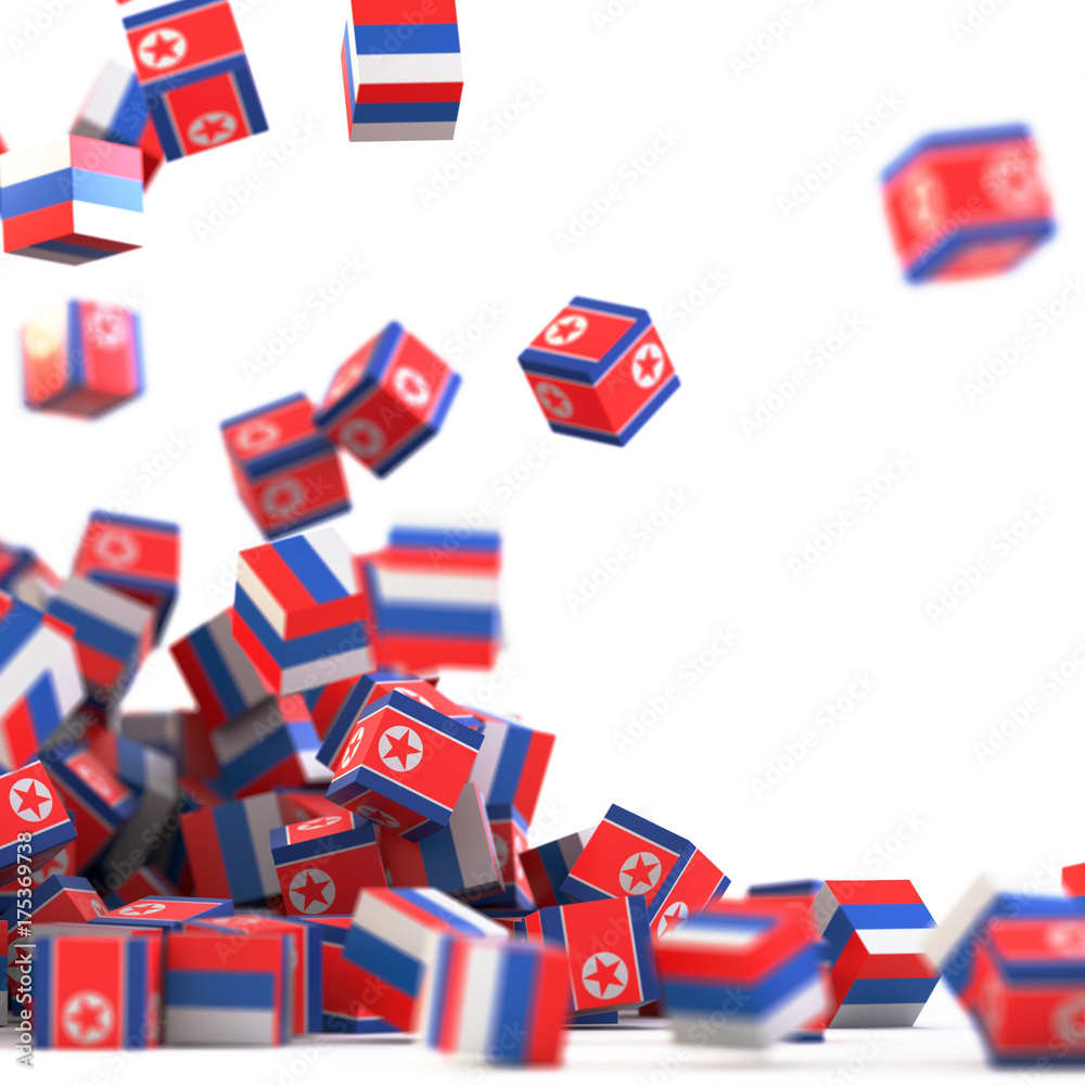 North Korea and Russia political conflict, original 3d rendering conceptual illustration, original flag textures