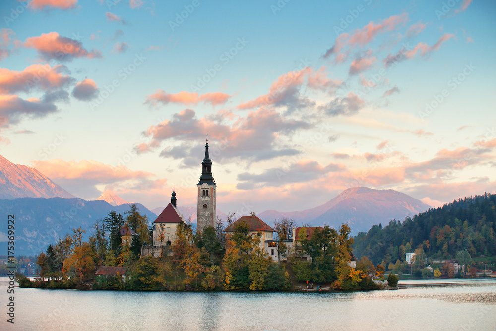 Picturesque Slovenia, Bled lake and town in the evening.